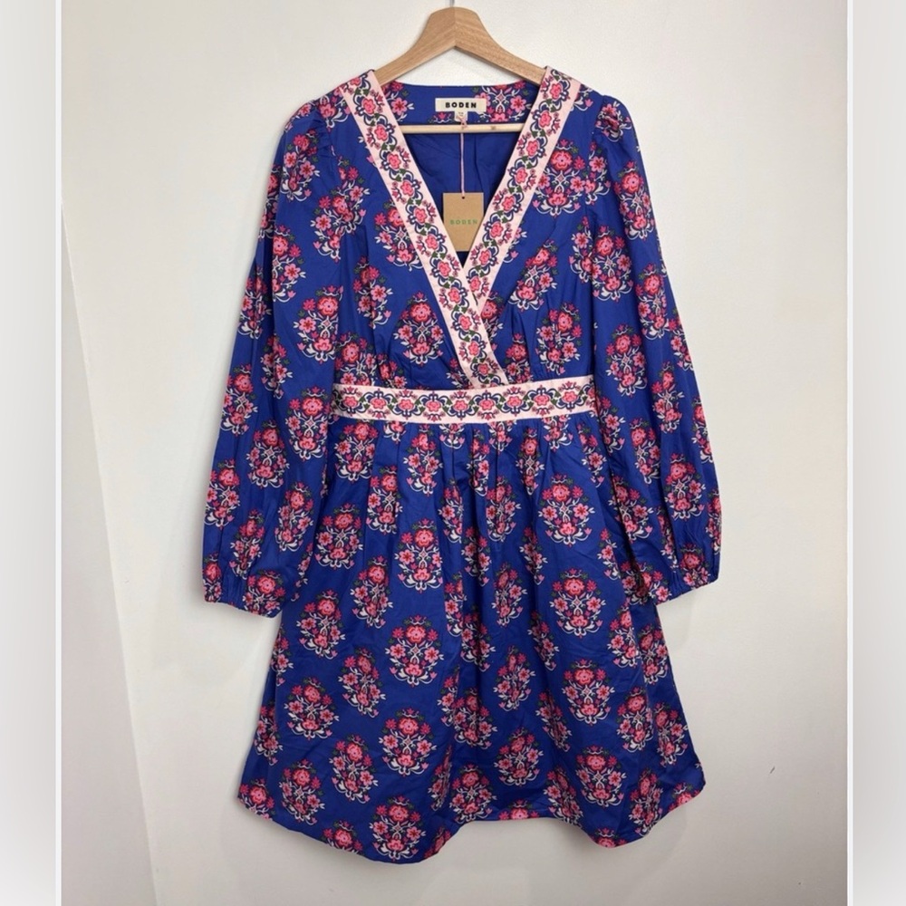 NWT Boden Mya Cotton Short Dress Bright Blue, Wildflower Stamp